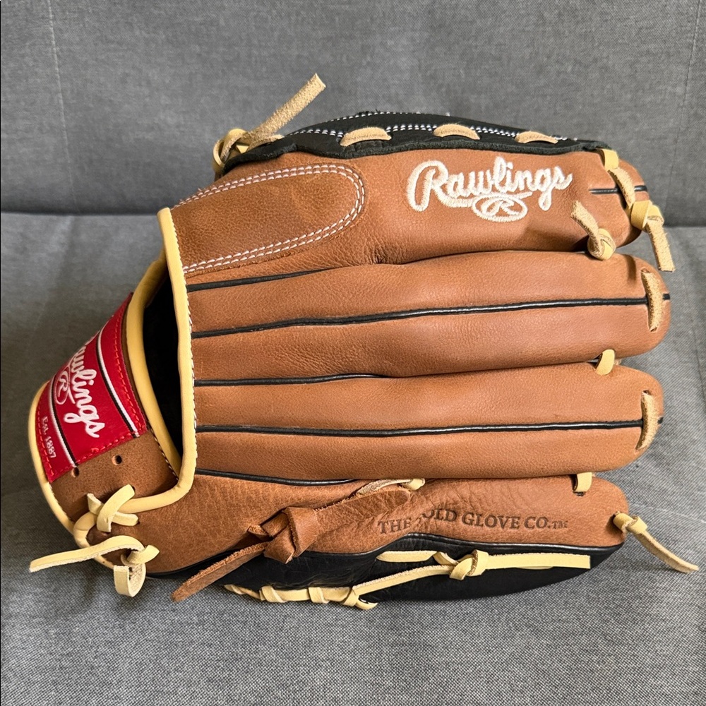 Rawlings Brown and Black Leather Baseball Glove with Red Logo